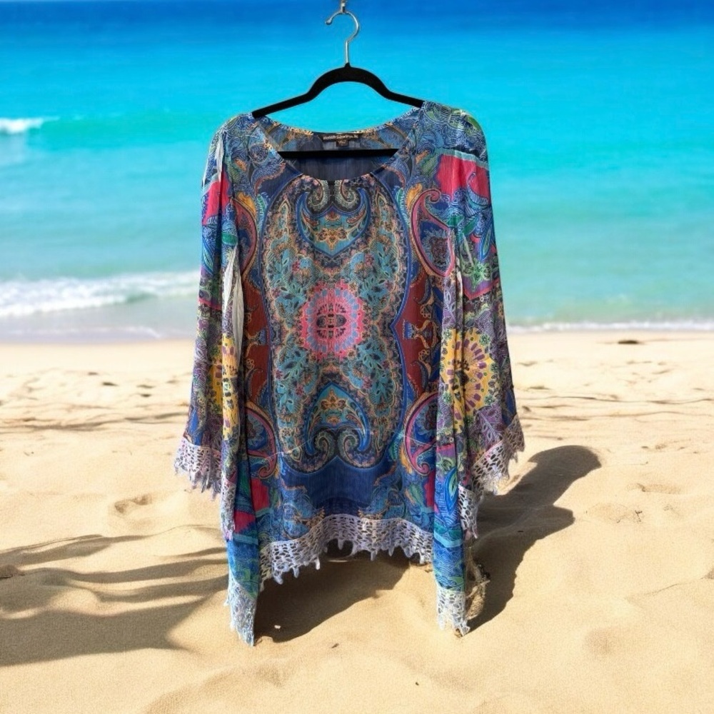 Mushbaby Sienna Rose Colourful Boho  Tunic Top/Cover-Up with Crochet Lace Trim